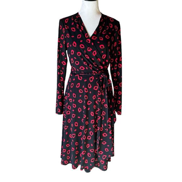Vicky Tiel Black Red Lip Print Wrap Dress Size M - Picture 1 of 8